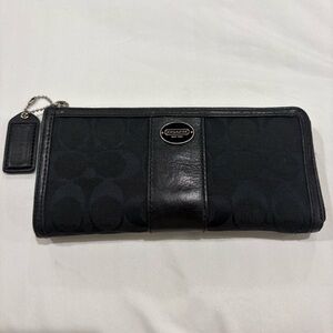Coach Signature Black Canvas Leather Trim Zip Around Wallet Wristlet Clutch